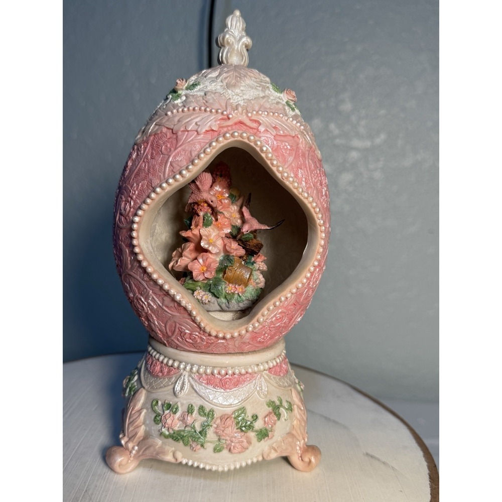 Classic Treasures Musical Egg Shape with Hummingbird and Flowers Pink